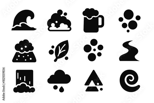 Natural Foam Icons. Solid style icons of natural foams and examples: ocean wave, sea foam, beer froth, soap bubbles, lava foam,