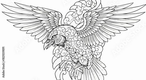 Detailed drawing of a majestic raven with outstretched wings in flight.