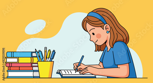 Focused student studying with books and pens, ready to ace that exam and impress her teachers in this beautifully designed illustration