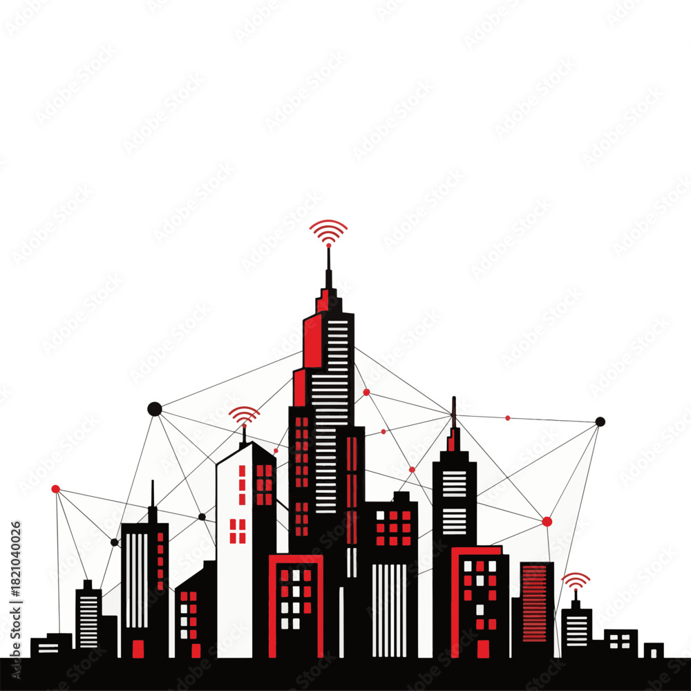 Obraz premium Smart city skyline with network connection lines. Urban technology and wireless communication concept. Modern flat design vector illustration isolated on transparent background
