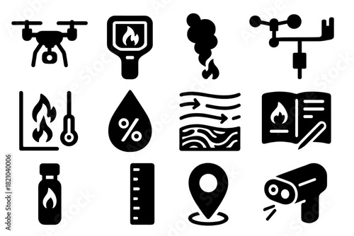Fire Science Tools. Solid style icons of Fire science observation: drone, thermal camera, smoke plume tracker, weather station,
