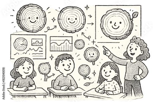 Dendrochronology Classroom Fun. Whimsical doodle dendrochronology classroom with smiling students, cartoon tree slices with faces,
