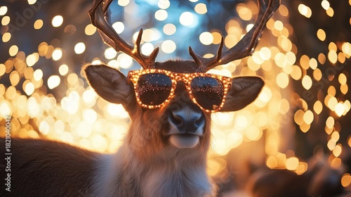 reindeer wearing sunglasses dancing under fairy lights .