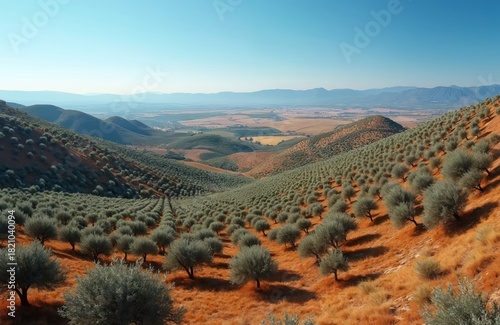 Expansive Andalusian olive grove covers rolling hills under clear blue sky. Neat rows of olive trees stretch across landscape, leading to distant valley, mountains. Warm sunlight illuminates scene,