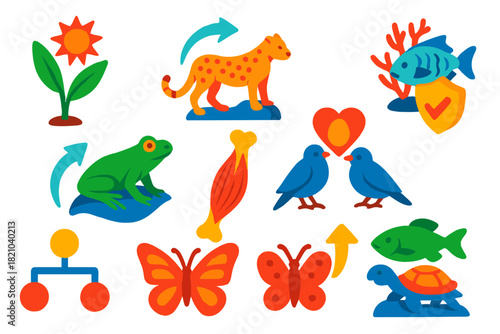 Evolutionary Adaptation Icons. Isometric vector illustration set Apparent purposefulness in organisms: plant and animal
