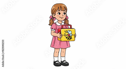 Girl with Lunchbox - A Cartoon Illustration of Childhood Innocence.