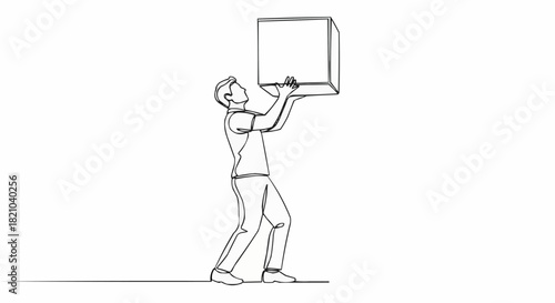 Man lifting a heavy box, line art illustration.