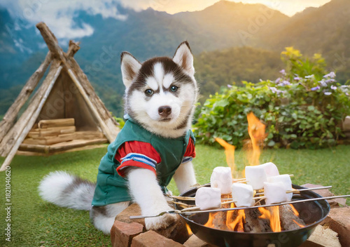 Beautiful Siberian Husky Boy Roasting Marshmallows on the Campfire