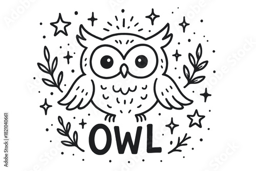 Owl Spirit Doodle. Doodle owl spirit with stars, branches, and sparkles, center word “Owl” in black and white isolated transparent