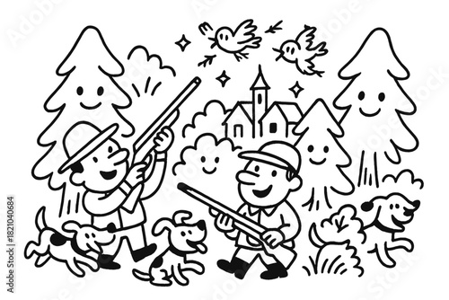 Cheerful Village Hunt. Playful doodle village hunting scene with cheerful hunters, cartoon dogs and birds smiling, happy forests