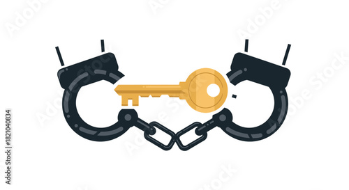 The Metaphorical Representation of Freedom Using a Key Unlocking Handcuffs with a Clean Minimalist