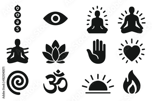 Spiritual Awakening Icons. Solid style icons of Spiritual Awakening: Chakras, Third Eye, Meditation Pose, Light Aura, Energy Lines