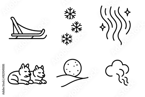 Peaceful Trail Icons. Line style icons of peaceful moments on trail: sled gliding in silence, snowflakes falling icon, dogs