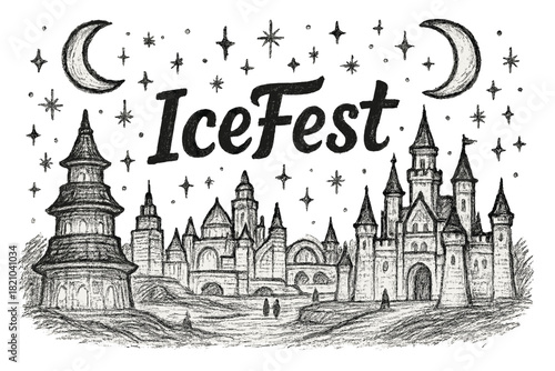 IceFest Lantern Festival. Hand-drawn ice lantern festival harbin with moons, castles, and sparkles, center word “IceFest” in black