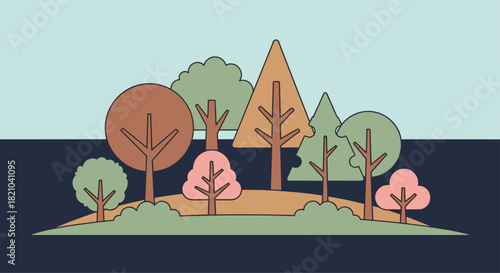 Whimsical trees in a colorful forest landscape perfect for children's books, cheerful designs, or eco-friendly branding projects