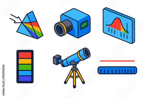 Spectroscopy Instrument Icons. Isometric vector illustration set Spectroscopy Analysis: prism spectrum, spectrograph instrument,