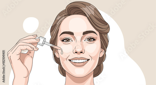 Radiant woman applying luxurious serum to her face for a healthy glow, promoting youthful beauty and skincare confidence for a fresh complexion