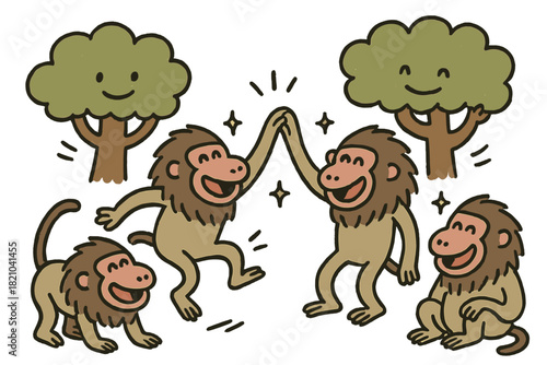 Cheerful Baboon Gathering. Friendly doodle baboon social interaction with smiling troop members, cartoon gestures and facial