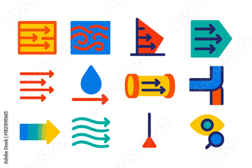 Flow Dynamics Icons. Flat vector icons of flow behavior and measurement: laminar flow, turbulent flow, shear gradient, velocity