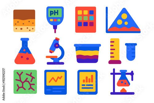 Archaeology Soil Analysis Icons. Flat vector icons of using soil analysis in archaeology: soil sample, pH meter, color chart,