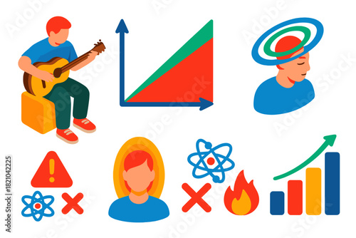 Flow State Illustration. Isometric vector illustration set Psychology of optimal challenge: musician practicing, skill-to-task