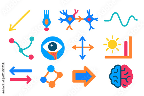Light Signal Icons. Flat vector icons of light detection and signal processing: light ray, photoreceptor activation, synapse arrow