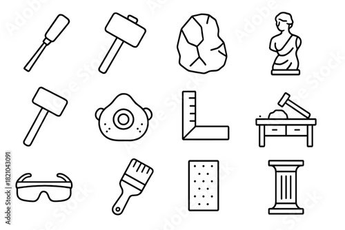 Sculpting Workshop Tools. Line style icons of Sculpture Workshop: Chisel, Mallet, Raw Stone, Polished Statue; Hammer, Dust Mask,