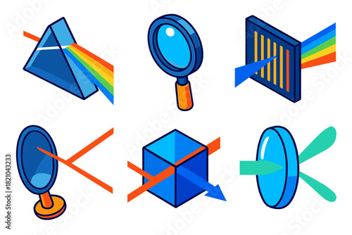 Optical Physics Icons. Isometric vector illustration set Optical Physics: light refraction prism, magnifying lens, diffraction