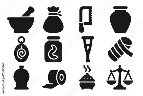 Early Medicine Icons. Solid style icons of Early Medicine: mortar and pestle, herbal pouch, bone saw, clay jar, healing amulet,