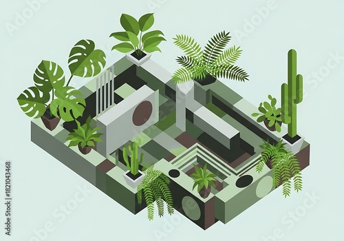 Isometric urban greenery, abstract architectural planters and minimal space
