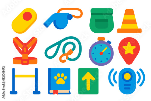 Training Tools Icons. Flat vector icons of training tools and devices: clicker, whistle, treat pouch, harness, leash, agility cone