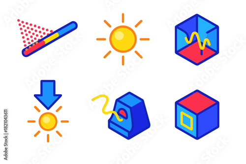 Photon Concept Icons. Isometric vector illustration set Photon Concept: particle beam, glowing photon icon, quantum box diagram,