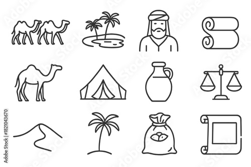 Silk Trade Icons. Line style icons of Silk Trade: Caravan, Desert Oasis, Merchant, Silk Roll; Camel, Tent, Water Jar, Scale; Sand