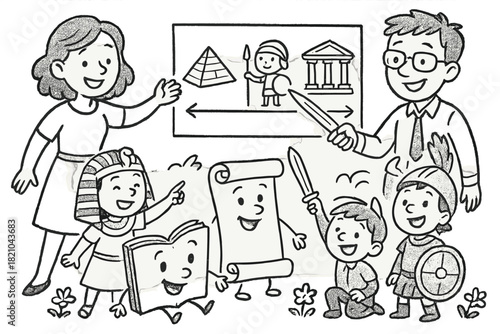 Playful Educational Reenactment. Playful doodle educational reenactment scene with smiling teachers, students in costumes, scrolls