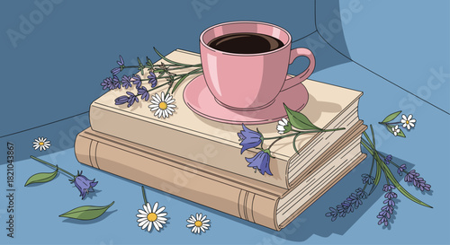 Cozy afternoon with coffee and books surrounded by lavender and daisies creating a peaceful and calming mood for study or relaxation