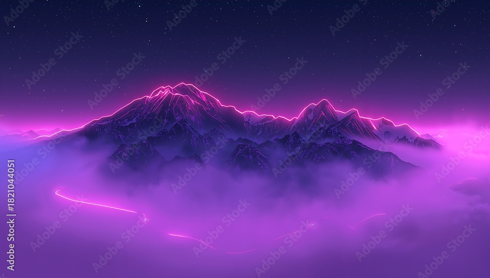 Fototapeta premium Glowing jagged peaks rising above purple-pink fog at night, showing magenta rim lighting