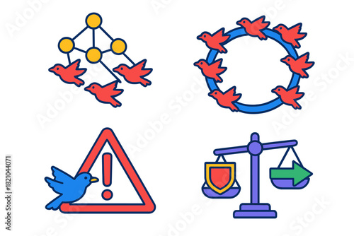 Flocking Behavior Diagram. Isometric vector illustration set Behavioral Ecology of Flocking: Decision node network, consensus ring