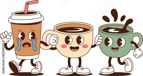 Coffee characters expressing emotions, from sadness to excitement