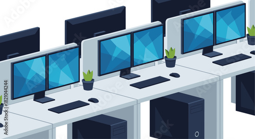 Modern office workstations with dual monitors and lush green plants create a productive and vibrant workspace perfect for team collaboration