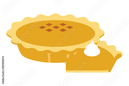 A whole pumpkin pie is shown next to a slice of pie with whipped cream, isolated on a white background.