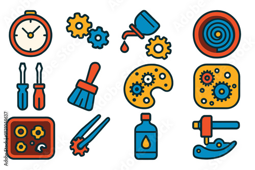 Clock Repair Icons. Flat vector icons of Clock Repair: open clock case, gear alignment, oiling mechanism, spring barrel,