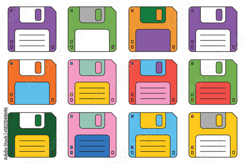 A collection of twelve colorful, stylized floppy disk icons arranged in a grid, representing vintage data storage technology.