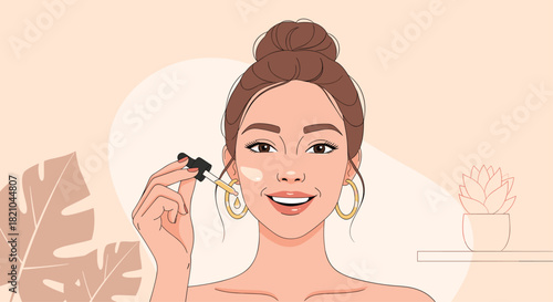 Beautiful woman applying facial serum for glowing skin and youthful radiance, feeling confident and pampered in her skincare routine at home