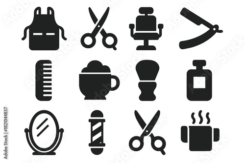 Barber's Craft Icons. Solid style icons of Barber’s Craft: Apron, Shears, Chair, Razor, Comb, Shaving Mug, Brush, Cologne, Wall