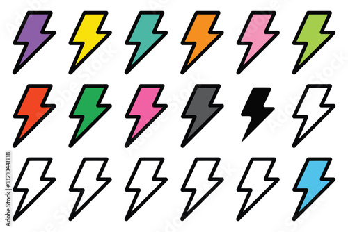 A collection of brightly colored lightning bolt icons arranged in three rows on a white background, representing energy and power.