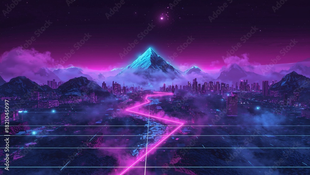 Naklejka premium Dominating mountain glowing cyan peak in cyberpunk valley, magenta river, skyline, fog, neon grid
