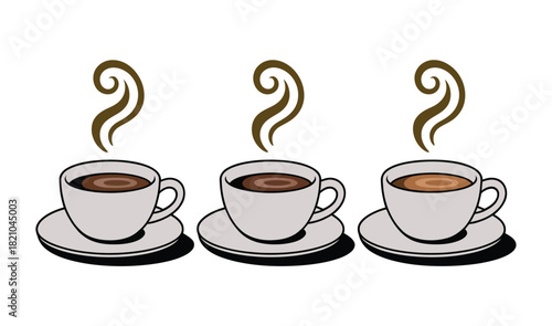 Three steaming cups of coffee sit on saucers, each emitting wisps of aromatic steam, suggesting a warm beverage experience.