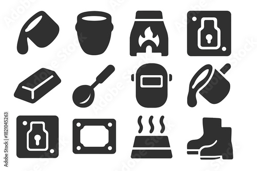 Foundry Craft Icons. Solid style icons of Foundry Craft: Molten Metal, Crucible, Smelting Furnace, Casting Mold, Ingot, Ladle,