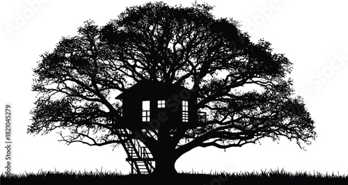 Silhouette of a treehouse in a large tree, isolated on white.