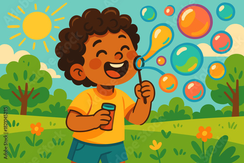Child Blowing Bubbles. Playful portrait of a child blowing colorful vector illustration bubbles in a sunlit park, cheerful and